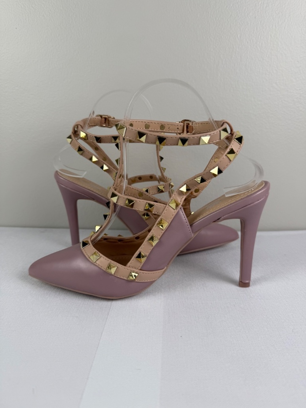 Studded T-Strap Pointed Toe Heels in Dusty Rose - Picture 8 of 10
